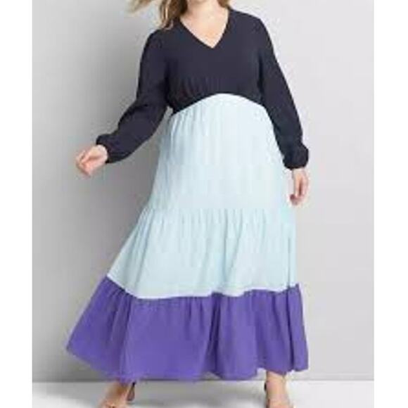 LANE BRYANT NWOT Night Sky Blue Crepe Tiered Maxi Long Dress 24 Transitional - Picture 1 of 7